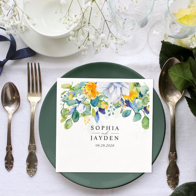 Guardanapo De Papel Casamento azul-branco floral elegante (Criador carregado)