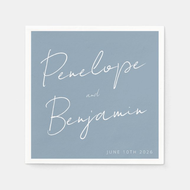 Guardanapo De Papel Casamento Azul com Escrita Manual Moderna (Frente)