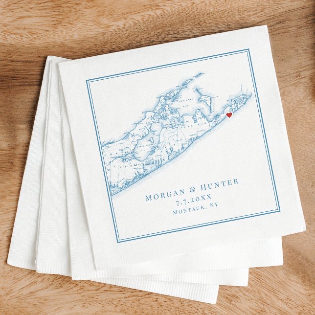 Guardanapo De Papel Casamento Azul De Ostra Elegante Hamptons Montauk (Elegant Montauk NY Wedding napkins in Oyster Blue with Hamptons map by Coastal Map Designs)
