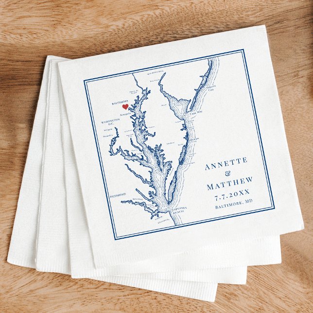Guardanapo De Papel Casamento Azul do Mapa Elegante do Marinho de Balt (Baltimore Wedding Napkins Personalized Chesapeake Bay Map Napkins in elegant navy blue )