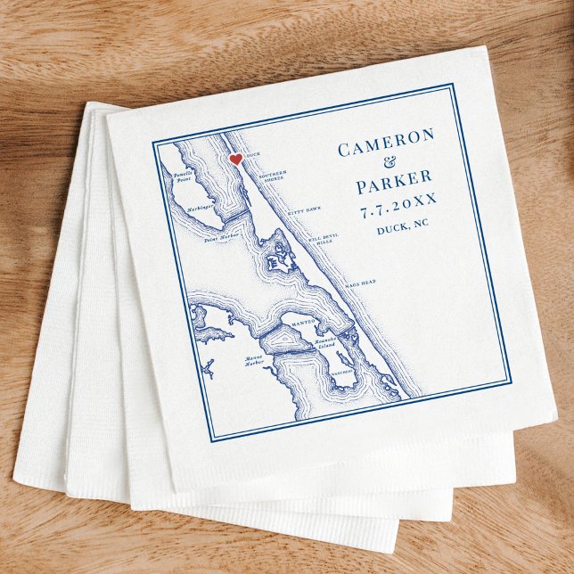 Guardanapo De Papel Casamento Azul do Mapa Elegante do Marinho do Duck (Duck NC Wedding Cocktail Napkins for an elegant navy blue Outer Banks Wedding by Coastal Map Designs)