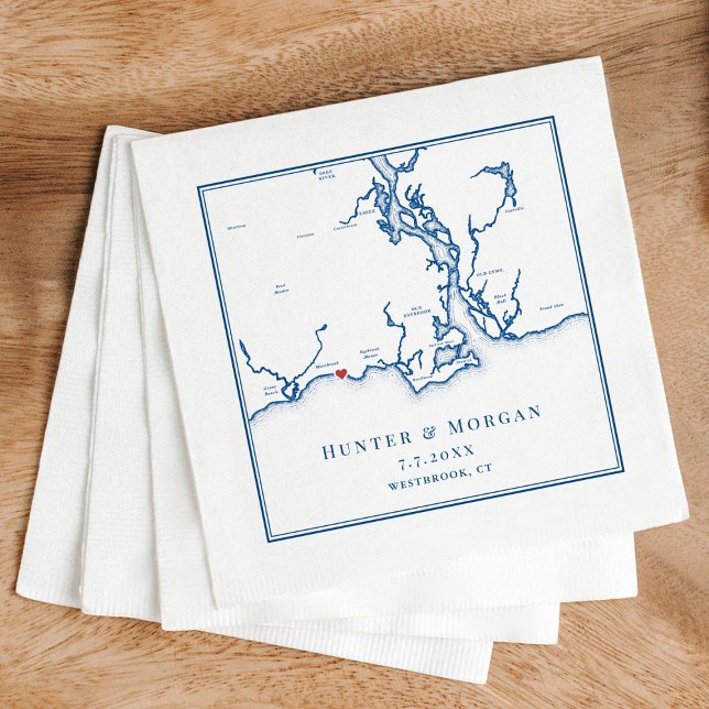 Guardanapo De Papel Casamento Azul do Mapa Elegante do Marinho Westbro (Westbrook CT Map Wedding Napkins for a Waters Edge Resort destination wedding in navy blue)