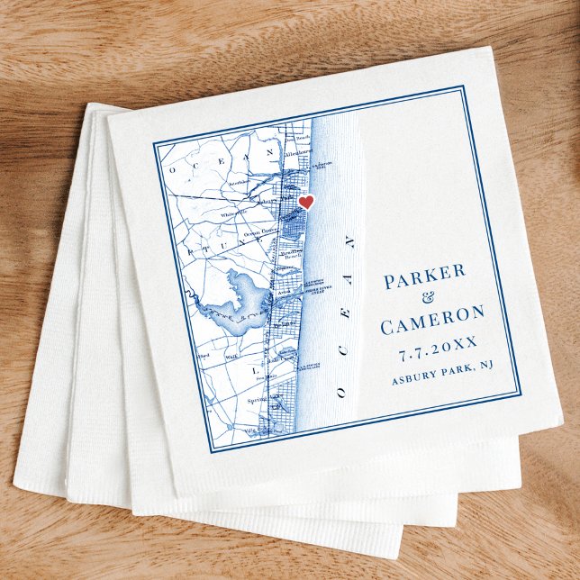 Guardanapo De Papel Casamento Azul do Mapa Elegante do NJ Park (Asbury Park NJ Map Wedding Napkins in elegant navy bluefrom Coastal Map Designs)