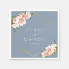 Guardanapo De Papel Casamento Azul Dourado com Pincel Floral Elegante