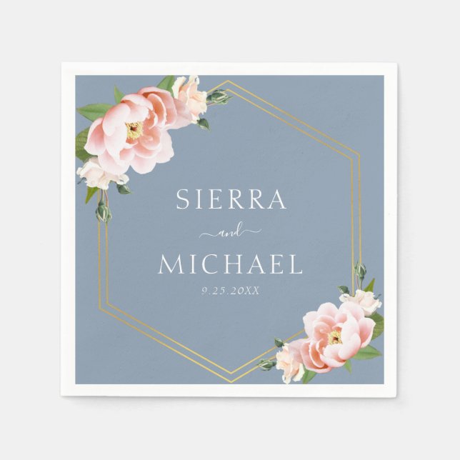 Guardanapo De Papel Casamento Azul Dourado com Pincel Floral Elegante (Frente)