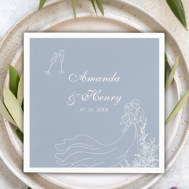 Guardanapo De Papel Casamento Azul Dusty com Casal Desenhado à Mão Ele (Criador carregado)