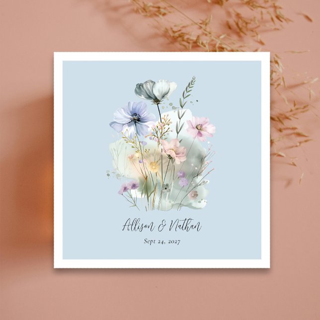 Guardanapo De Papel Casamento Azul Dusty Napkins com Flores Selvagens  (Dusty Blue Wedding Napkins with Blush Wildflowers)