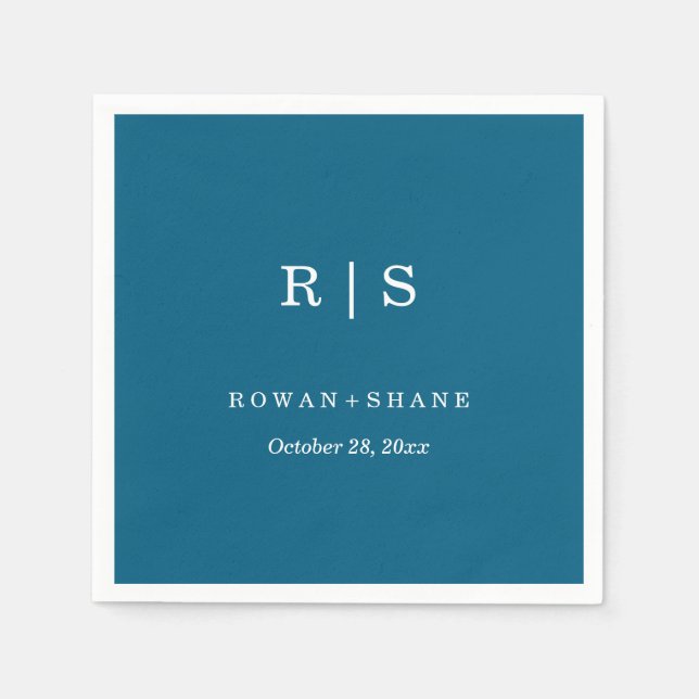 Guardanapo De Papel Casamento Azul Elegante Napkin com Monograma Negro (Frente)