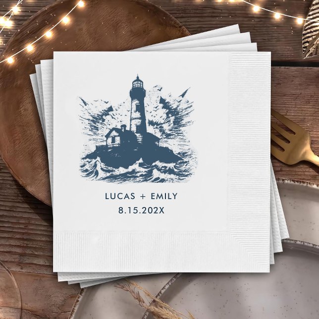 Guardanapo De Papel Casamento Azul Escuro do Farol da Costa Náutica (Criador carregado)