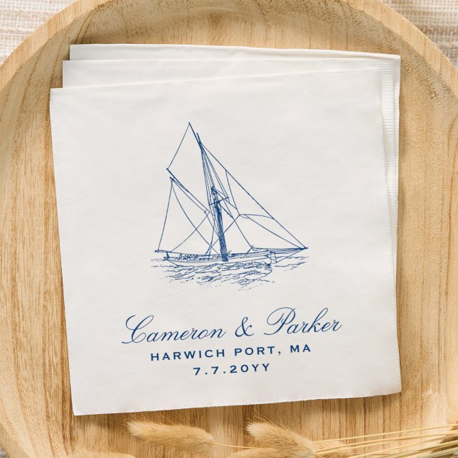 Guardanapo De Papel Casamento Azul Marinho Náutico Elegante (Sailboat Elegant Yacht Club Nautical Wedding Napkins in Navy Blue designed by Concertina Press)