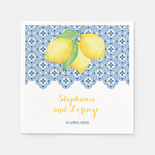 Guardanapo De Papel Casamento Azulejo Azul com Limões de Aquarela Medi