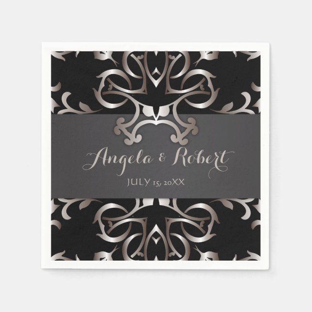 Guardanapo De Papel Casamento Barroco Negro-Barroco de Bronze Elegante (Frente)