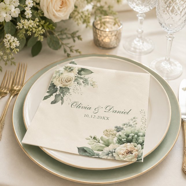 Guardanapo De Papel Casamento Boho Verde Sálvia e Flores de Marfim (Boho Sage Green and Ivory Flowers Wedding Napkins on an elegant wedding dinner table with flowrs)
