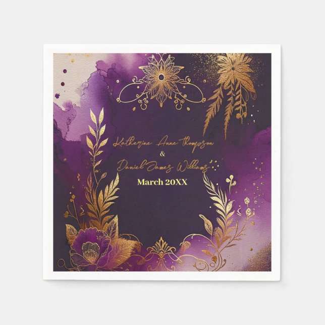 Guardanapo De Papel Casamento bonito com Púrpura e Dourado Floral (Frente)