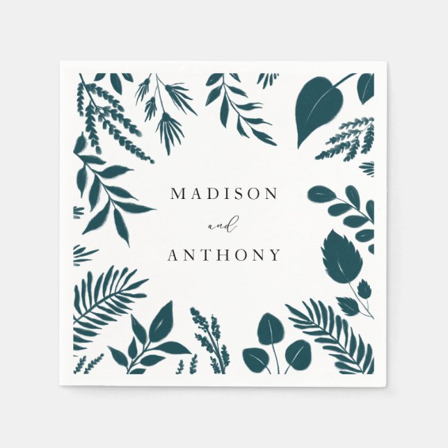 Guardanapo De Papel Casamento Botânico de Azul-Teal Elegante (Frente)