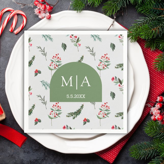 Guardanapo De Papel casamento botânico do monograma verde moderno (Criador carregado)