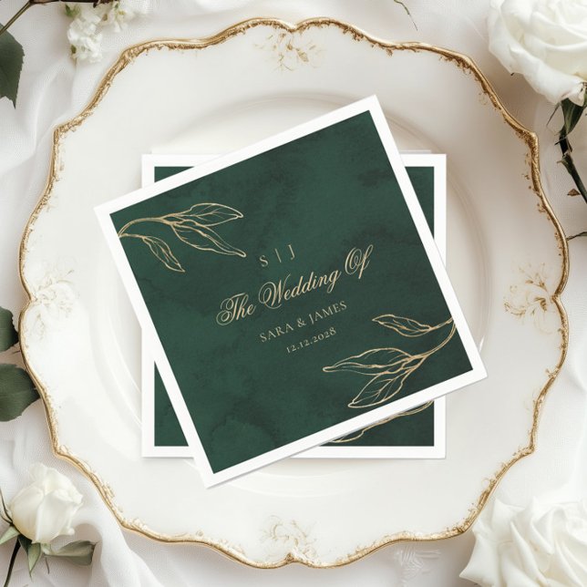 Guardanapo De Papel Casamento Botânico Dourado Verde Emerald (Criador carregado)