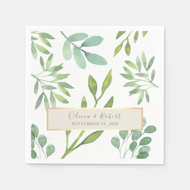 Guardanapo De Papel Casamento Botânico Dourado Verde Napkins (Frente)