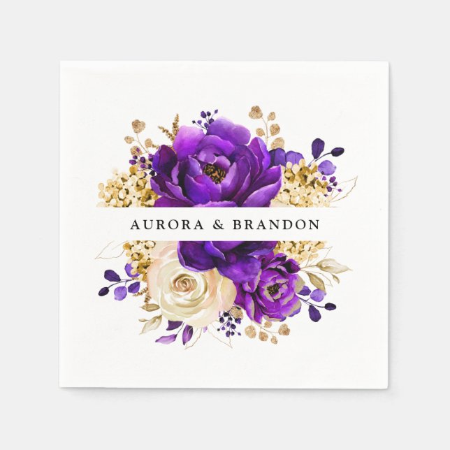 Guardanapo De Papel Casamento Botânico Dourado Violeta Roxo Real (Frente)