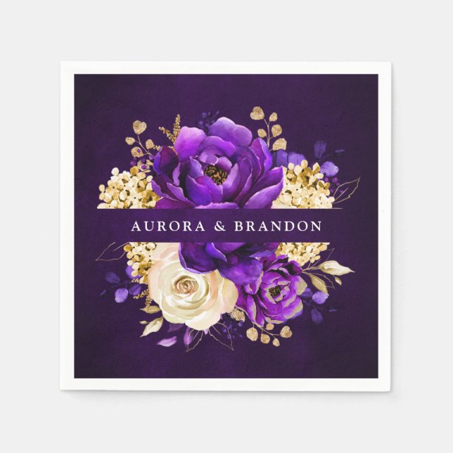 Guardanapo De Papel Casamento Botânico Dourado Violeta Roxo Real (Frente)