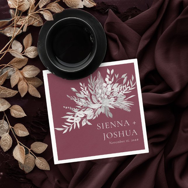Guardanapo De Papel Casamento Botânico Dueto Borgonha Cinza (Wedding Cocktail Napkins in burgundy and grey from the Foliage Duet Collection by Darling & May)
