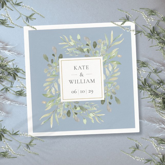Guardanapo De Papel Casamento Botânico em Azul Empoeirado (Dusty Blue Botanical Greenery Wedding Napkins)