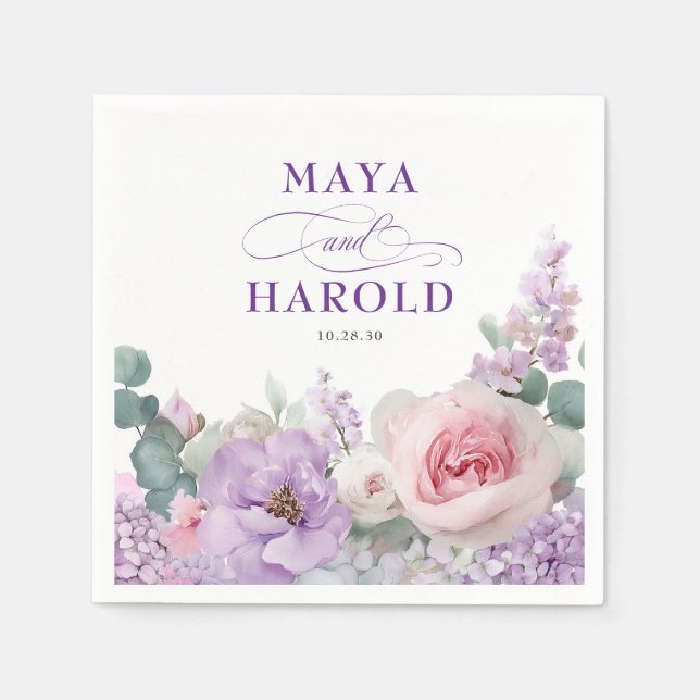 Guardanapo De Papel Casamento Botânico Floral Roxo e Rosa (Frente)
