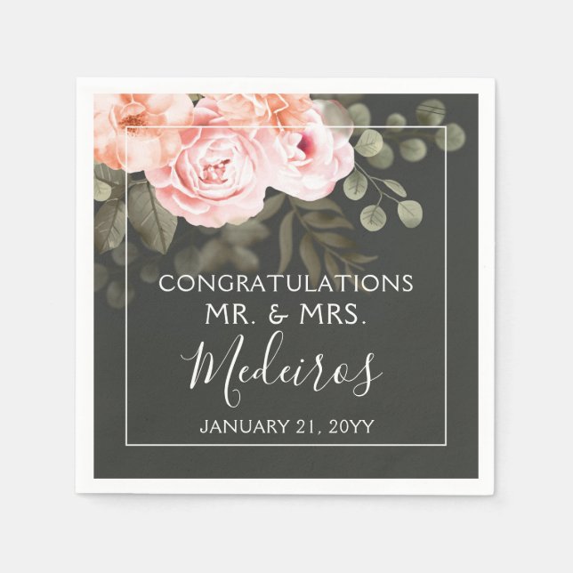 Guardanapo De Papel Casamento Botânico Moderno, Rosa-Rosa, Blush Flora (Frente)