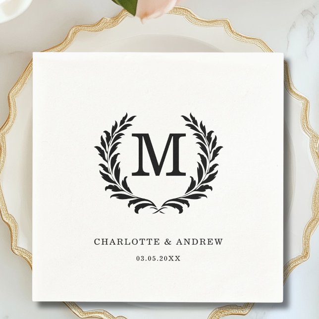Guardanapo De Papel Casamento Branco do Monograma do Crest Elegante (Elegant Crest Monogram White Wedding Napkins)