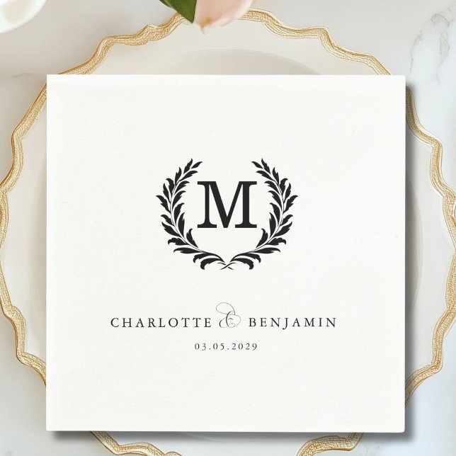 Guardanapo De Papel Casamento Branco do Monograma do Crest Elegante (Elegant Crest Monogram White Wedding Foil Napkins)