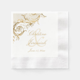 Guardanapo De Papel Casamento Branco Dourado Floral Damask Script Vint