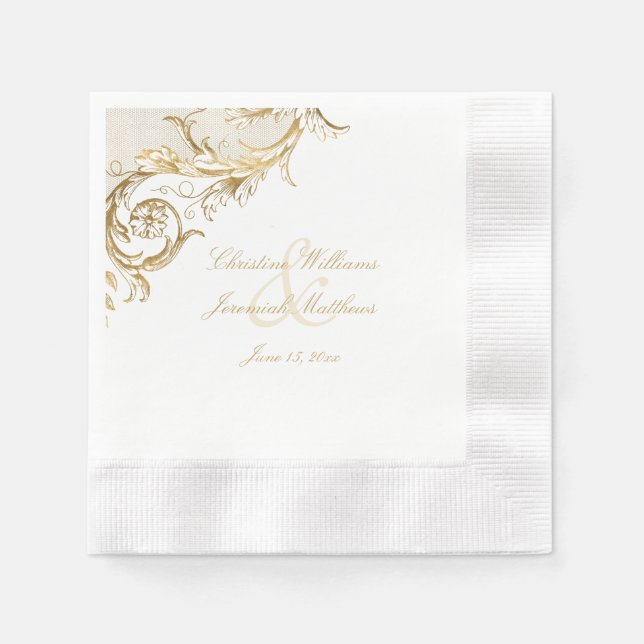 Guardanapo De Papel Casamento Branco Dourado Floral Damask Script Vint (Frente)
