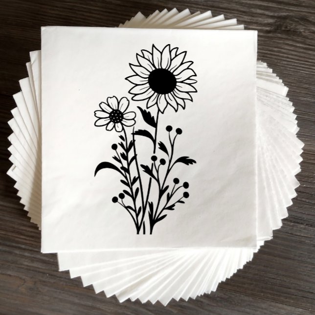 Guardanapo De Papel Casamento Branco Negro de Girassol Floral Elegante (Criador carregado)
