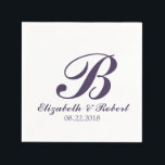 Guardanapo De Papel Casamento Branco Roxo Monograma Napkins<br><div class="desc">Guardanapos personalizados de papel monograma para casamentos e eventos relacionados. Personalize este elegante acessório de casamento com a noiva e os nomes do noivo,  data de casamento,  inicial ou qualquer coisa que você quiser. Texto simples e elegante do script Purple em fundo branco.</div>