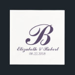 Guardanapo De Papel Casamento Branco Roxo Monograma Napkins<br><div class="desc">Guardanapos personalizados de papel monograma para casamentos e eventos relacionados. Personalize este elegante acessório de casamento com a noiva e os nomes do noivo,  data de casamento,  inicial ou qualquer coisa que você quiser. Texto simples e elegante do script Purple em fundo branco.</div>