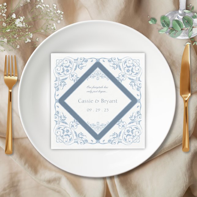 Guardanapo De Papel Casamento Chic Costeiro Branco e Azul (elegant white and blue vintage fairytale coastal chic wedding table setting napkins with chinoserie)