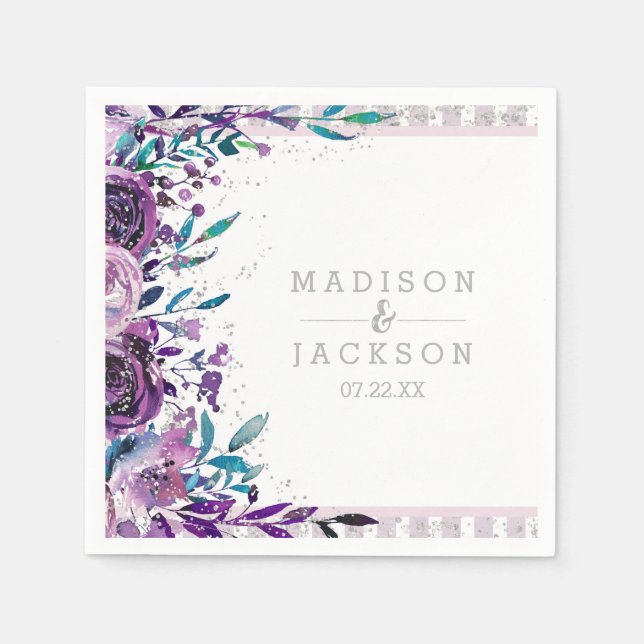 Guardanapo De Papel Casamento Chic Purple Floral & Silver Monogramas (Frente)