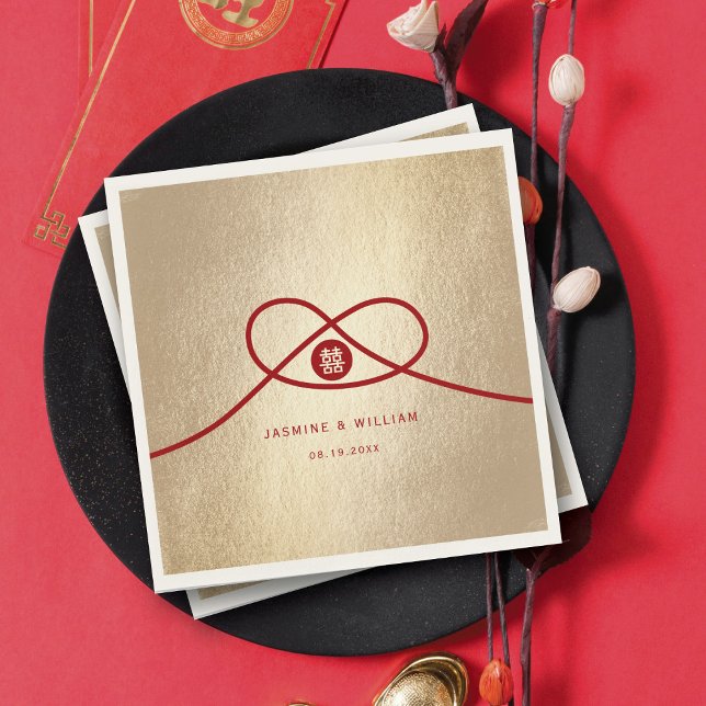 Guardanapo De Papel Casamento Chinês de Dupla Felicidade do Red Knot U (Red/Gold Knot Union Double Happiness Modern Chinese Wedding Paper Napkins @ fatfatin_red_knot)
