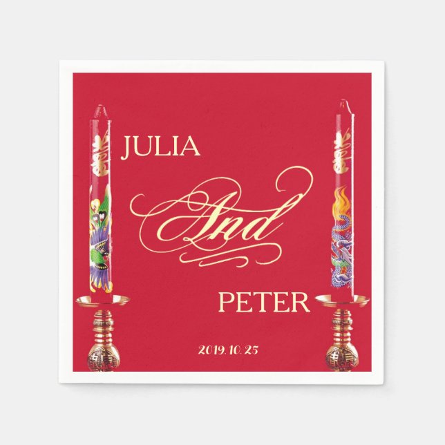 Guardanapo De Papel Casamento Chinês de Velas Vermelhas Dragão-Phoenix (Frente)