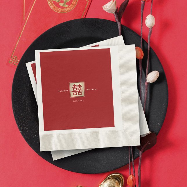 Guardanapo De Papel Casamento Chinês Dourado de Felicidade Dupla Quadr (Gold/Red Classic Square Double Happiness Modern Chinese Wedding Paper Napkins @ fatfatin_red_knot)