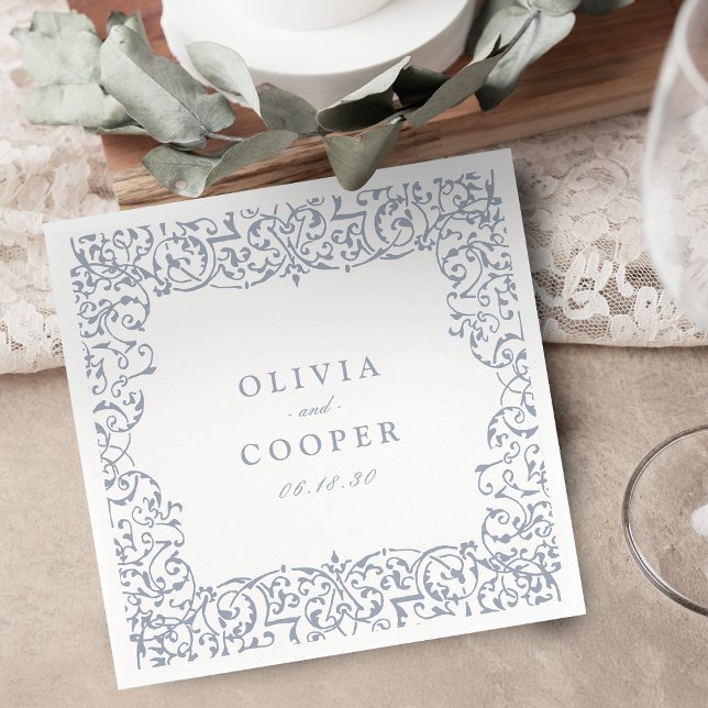 Guardanapo De Papel Casamento Clássico de Frame de Ornamentado da Dust (Dusty Blue Vintage Ornate Frame Classic Wedding Napkins)