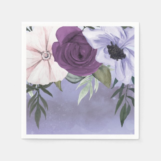Guardanapo De Papel Casamento com Aquarela Floral Lavanda Roxa Moderna (Frente)