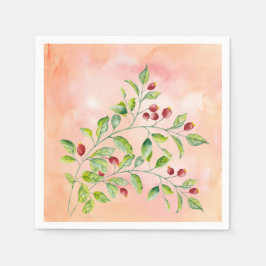 Guardanapo De Papel Casamento com Berries Rosa de Aquarela e Folhagem 