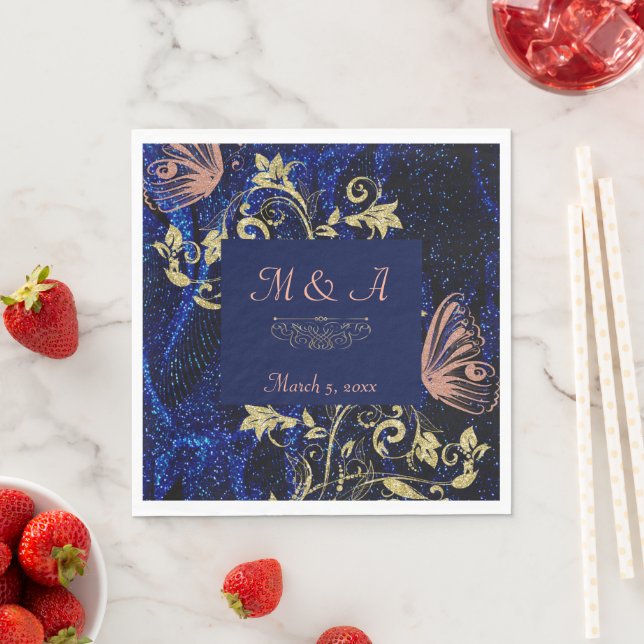 Guardanapo De Papel Casamento com Borboleta Dourada Real Azul (Insitu)