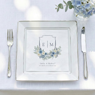 Guardanapo De Papel Casamento com Brasão Floral em Aquarela Azul