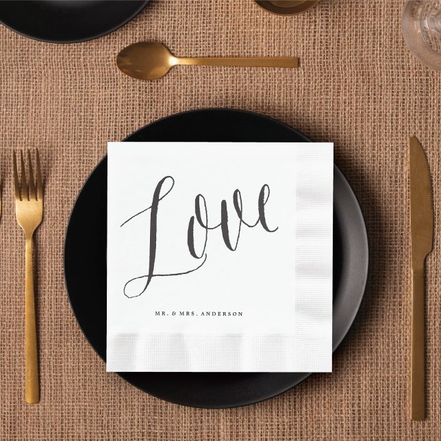 Guardanapo De Papel Casamento com Caligrafia Chic Black Trendy (LOVE Trendy Chic Black Script Calligraphy Wedding Paper Napkins @ fatfatin_blue_knot)