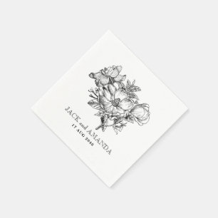 Guardanapo De Papel Casamento com Desenho Floral Clássico Preto e Bran