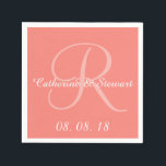 Guardanapo De Papel Casamento com Design Na moda de cor rosa-coral mon<br><div class="desc">Papel de Casamento de Design de Na moda de Cor Cor Rosa-de-Coral-Personalizado Elegante, Napkins. Design por Elke Clarke©. Disponível em www.zazzle.com/monogramgallery. Fundo de cor sólida clássico, personalizado e personalizado de cor rosa-coral, personalizável com nomes de noiva e noivo em letra branco, inicial de sobrenome casado em cor rosa-claro-coral e data...</div>