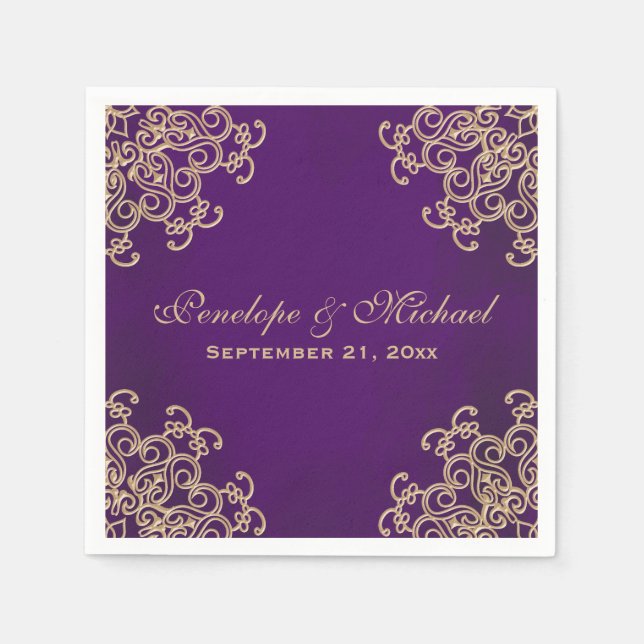 Guardanapo De Papel Casamento com Estilo Índio Roxo e Dourado (Frente)