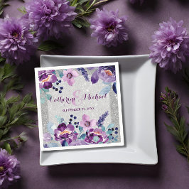 Guardanapo De Papel Casamento com Floral em Aquarela Roxa e Brilho Pra